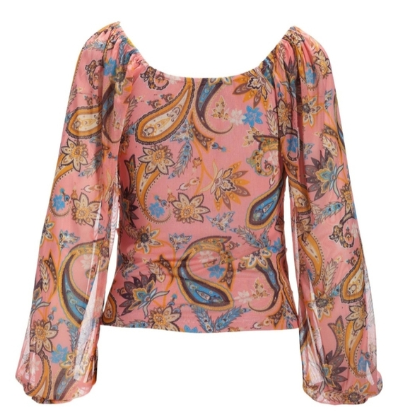Paisley Mesh Embellished Ruched Top Pink Multi - Picture 3 of 6